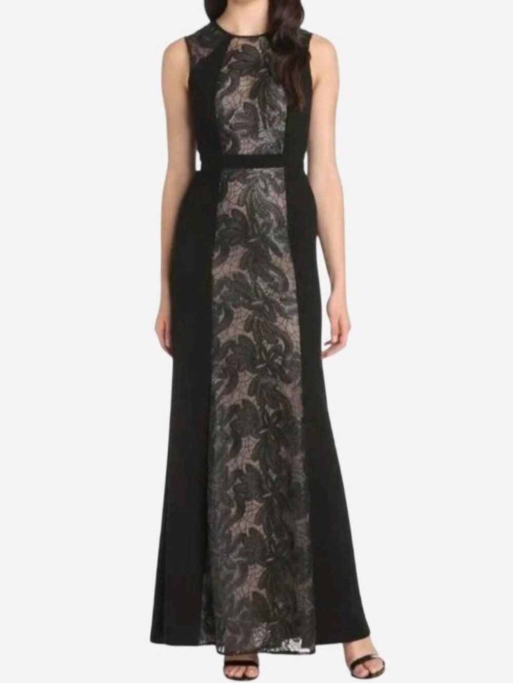 BCBG Max Azria Linden Black Lace Long Illusion Embellished Formal Gown, Size 8